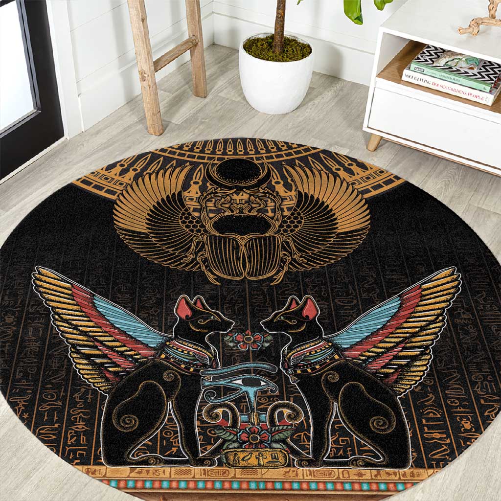 Ancient Egypt Scarab Beetle Round Carpet Hieroglyphs Alphabet Pattern LT18