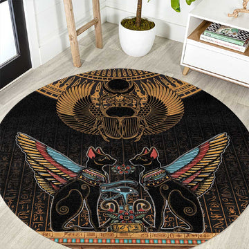 Ancient Egypt Scarab Beetle Round Carpet Hieroglyphs Alphabet Pattern LT18