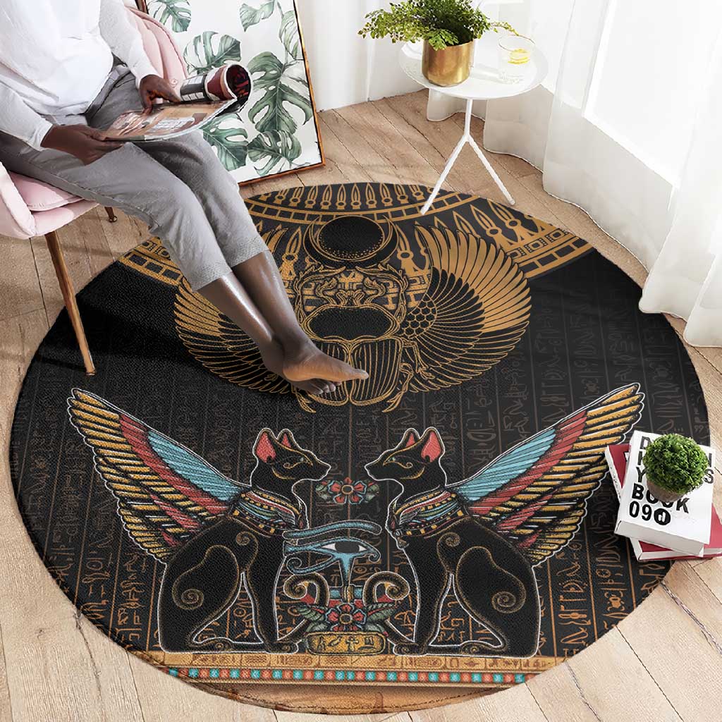 Ancient Egypt Scarab Beetle Round Carpet Hieroglyphs Alphabet Pattern LT18