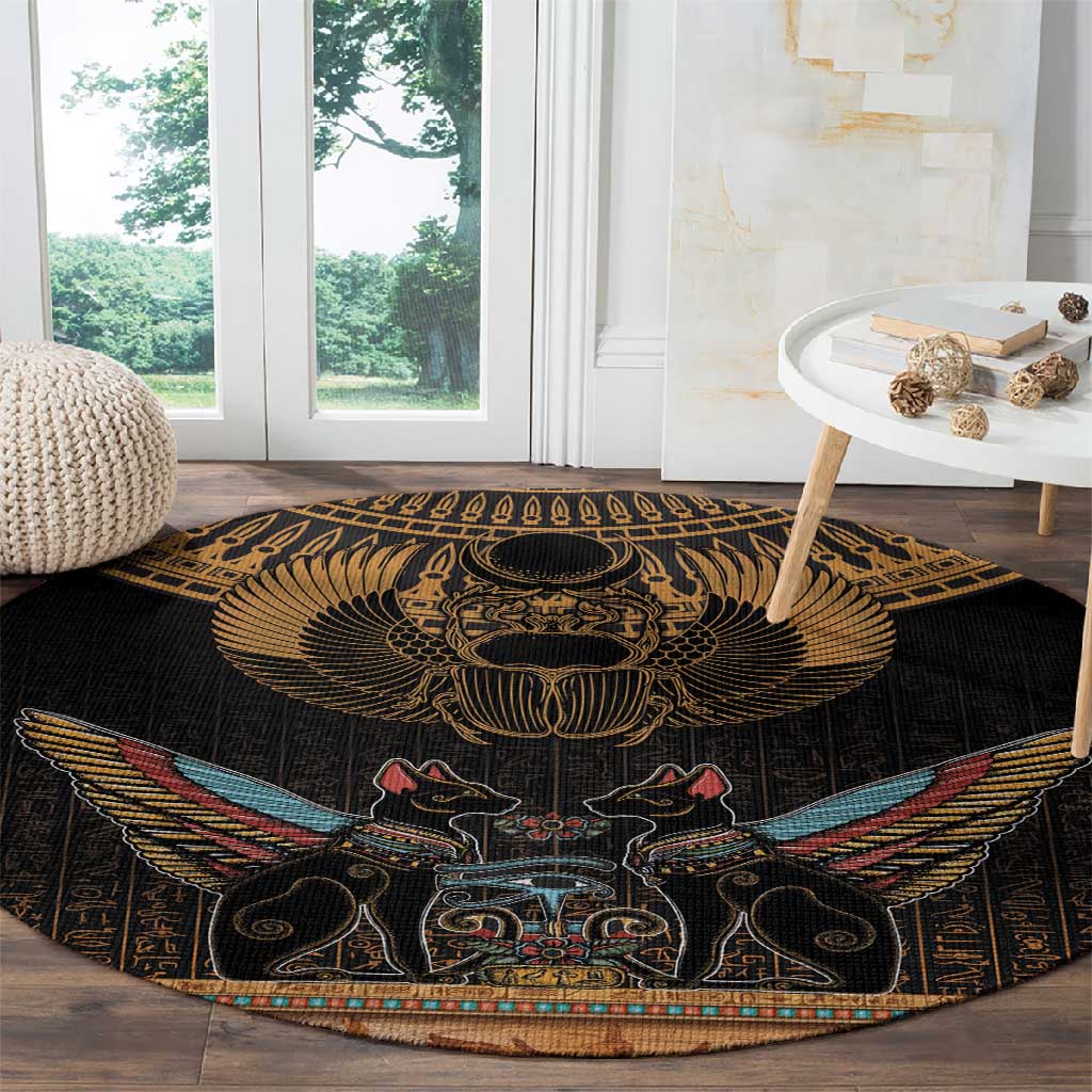 Ancient Egypt Scarab Beetle Round Carpet Hieroglyphs Alphabet Pattern LT18