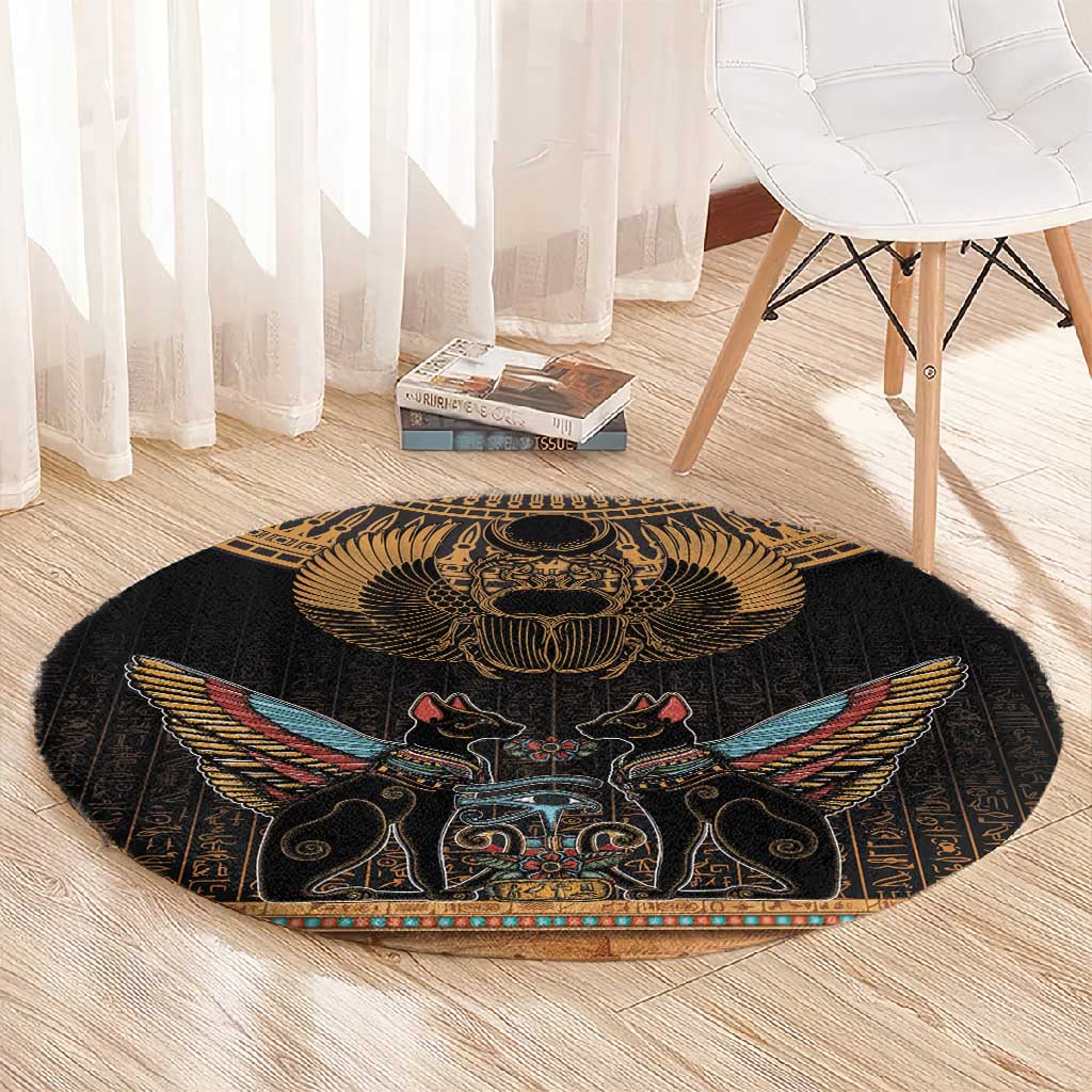 Ancient Egypt Scarab Beetle Round Carpet Hieroglyphs Alphabet Pattern LT18