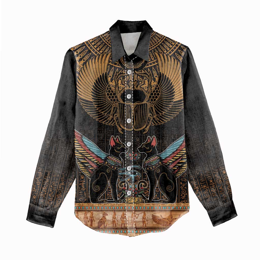 Ancient Egypt Scarab Beetle Women Casual Shirt Hieroglyphs Alphabet Pattern LT18