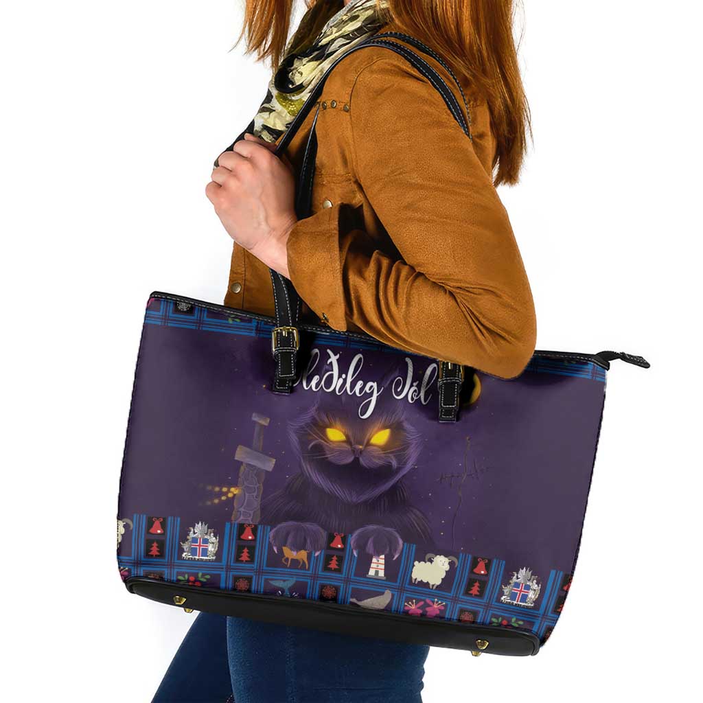 Iceland Christmas Leather Tote Bag Yule Cat Christmas Lightning Art LT18