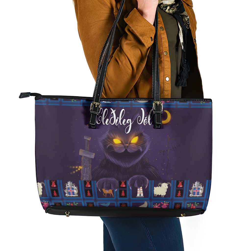 Iceland Christmas Leather Tote Bag Yule Cat Christmas Lightning Art LT18