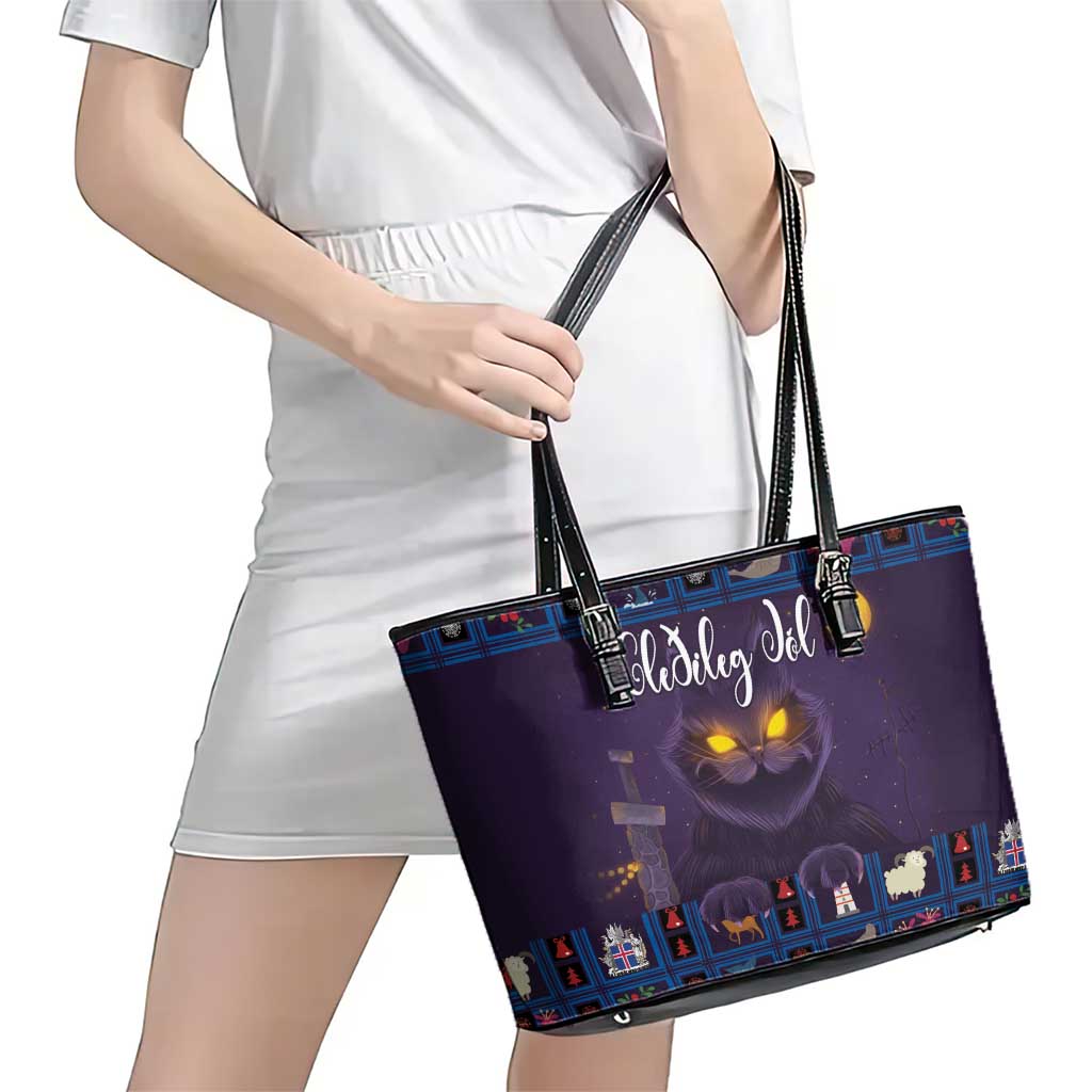 Iceland Christmas Leather Tote Bag Yule Cat Christmas Lightning Art LT18