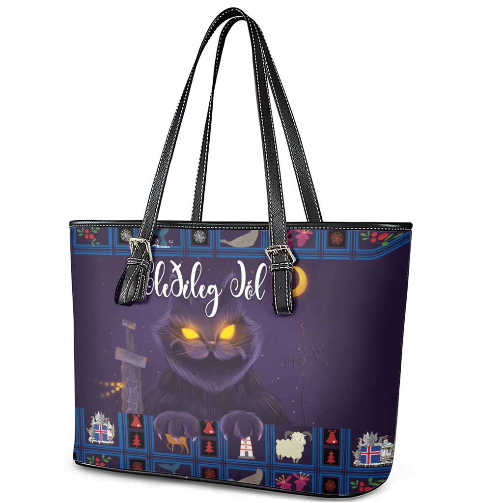 Iceland Christmas Leather Tote Bag Yule Cat Christmas Lightning Art LT18
