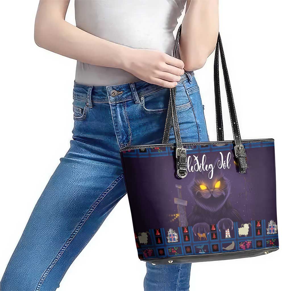 Iceland Christmas Leather Tote Bag Yule Cat Christmas Lightning Art LT18