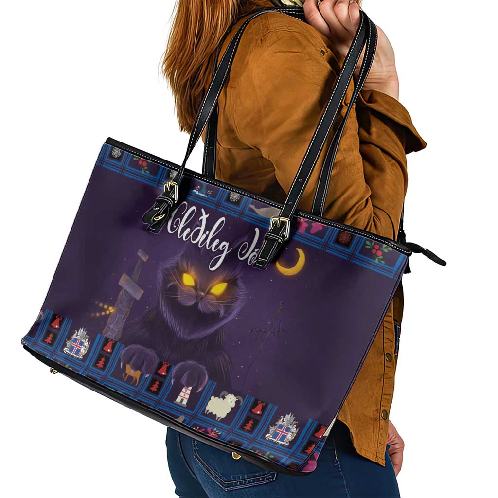 Iceland Christmas Leather Tote Bag Yule Cat Christmas Lightning Art LT18