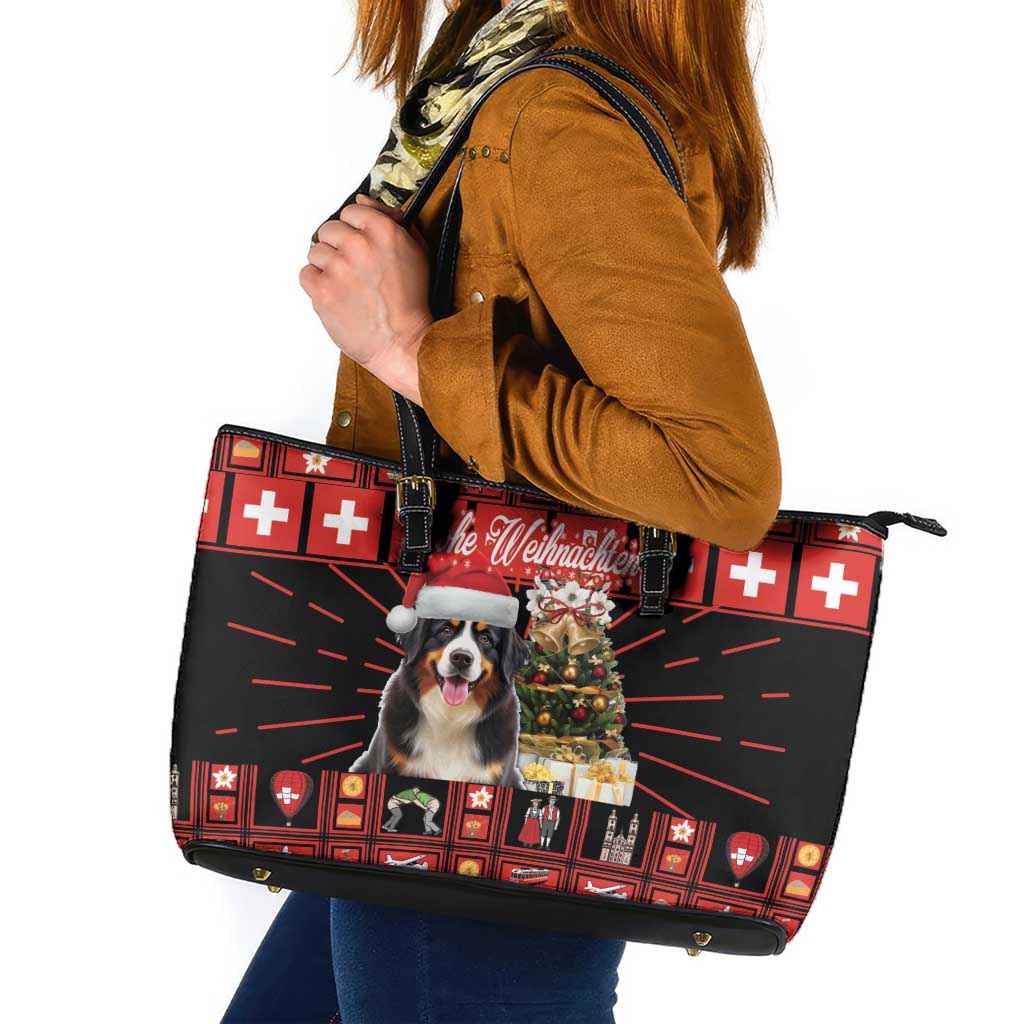 Merry Christmas Bernese Mountain Dog Leather Tote Bag Switzerland Symbols - Lightning Art LT18