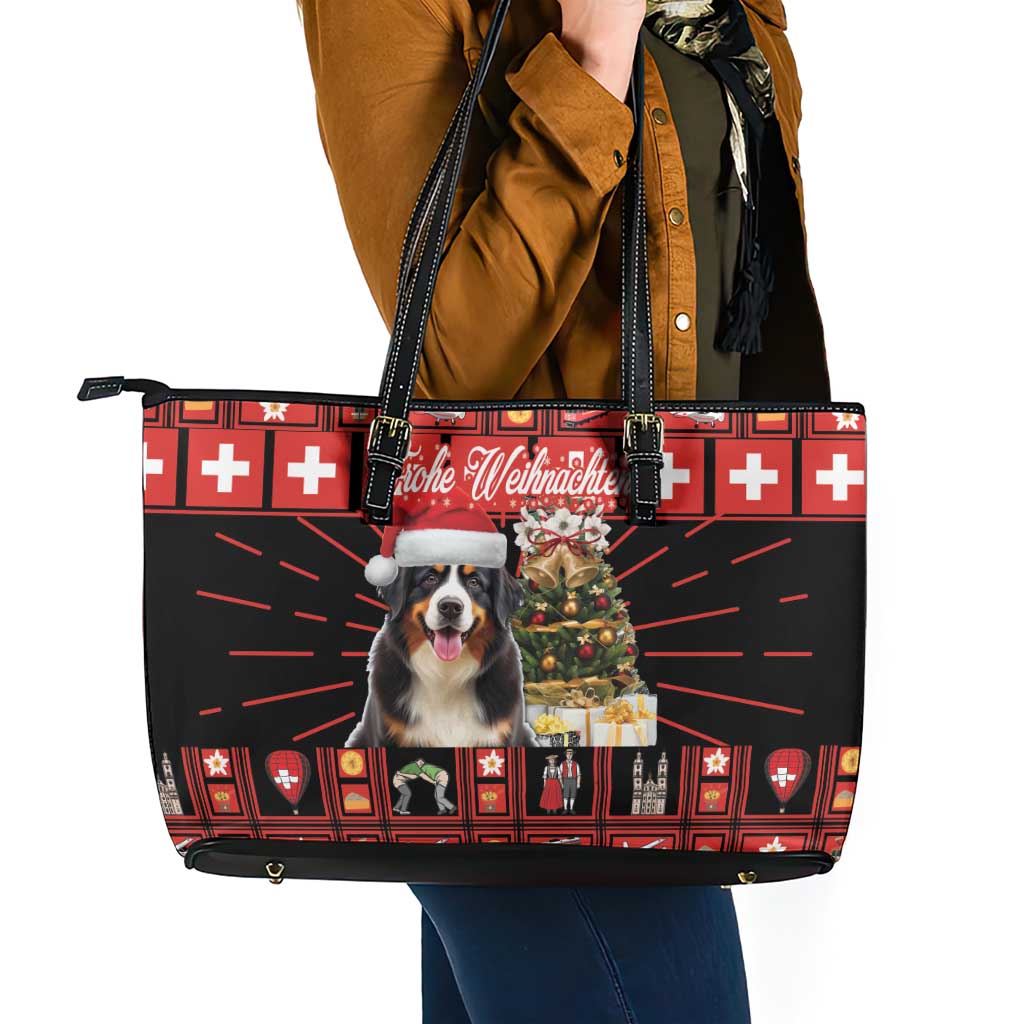 Merry Christmas Bernese Mountain Dog Leather Tote Bag Switzerland Symbols - Lightning Art LT18