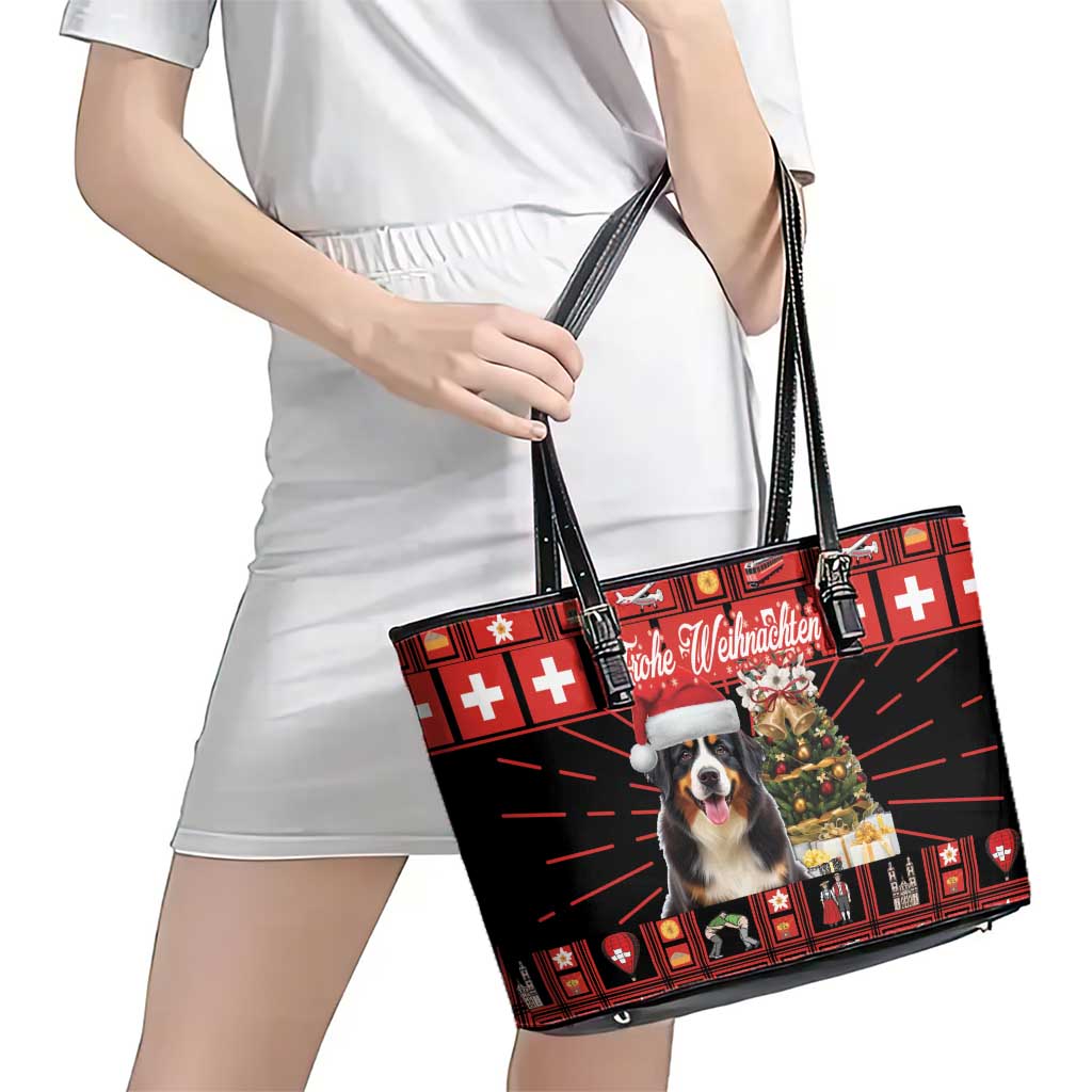 Merry Christmas Bernese Mountain Dog Leather Tote Bag Switzerland Symbols - Lightning Art LT18