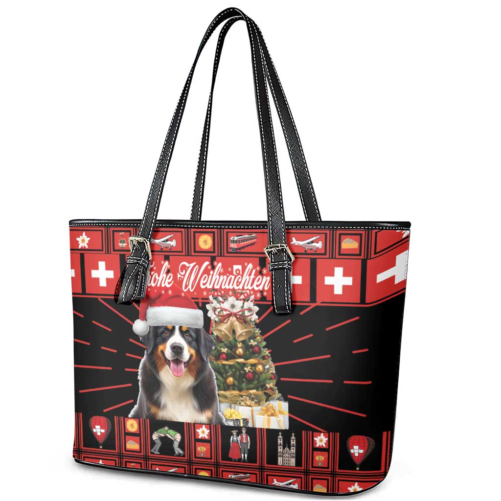 Merry Christmas Bernese Mountain Dog Leather Tote Bag Switzerland Symbols - Lightning Art LT18