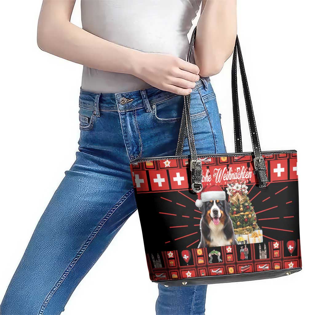Merry Christmas Bernese Mountain Dog Leather Tote Bag Switzerland Symbols - Lightning Art LT18