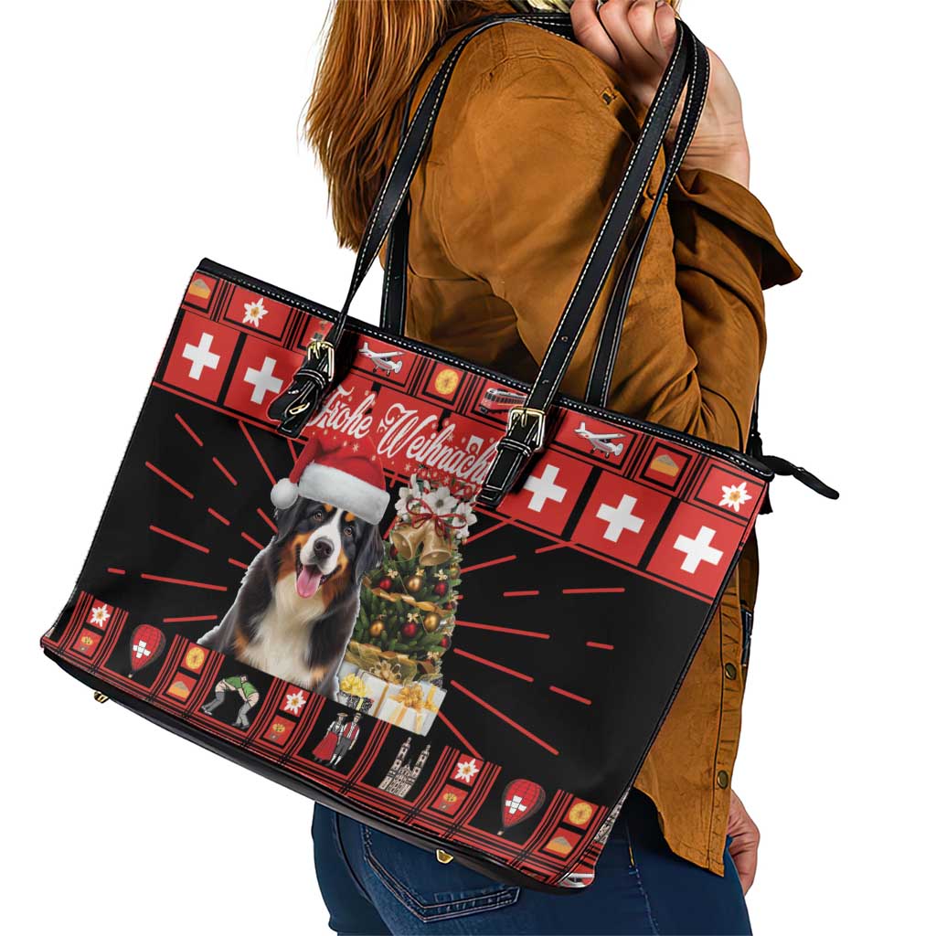 Merry Christmas Bernese Mountain Dog Leather Tote Bag Switzerland Symbols - Lightning Art LT18