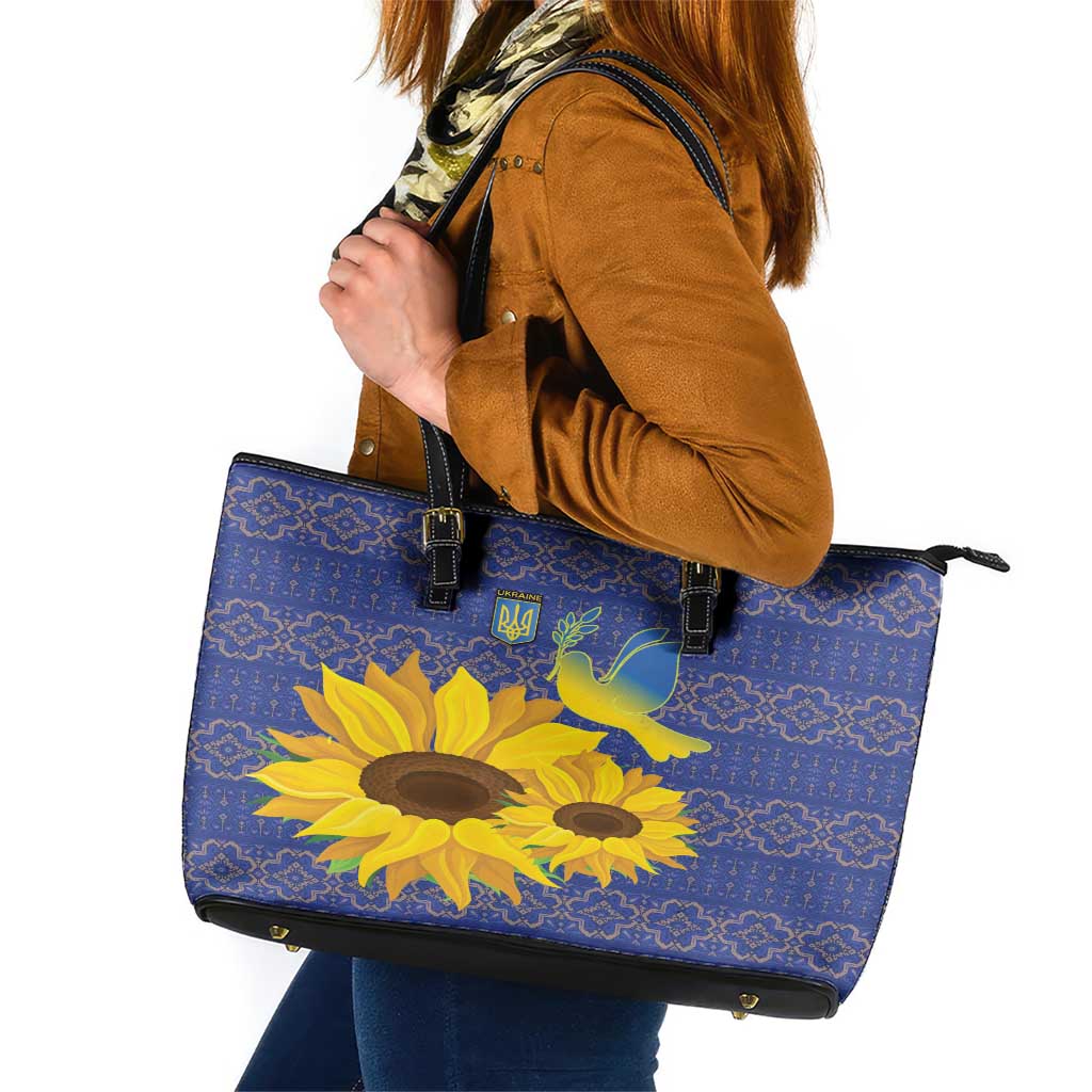 Ukraine Peace Dove Leather Tote Bag Ukraine Sunflower With Folk Patterns LT18