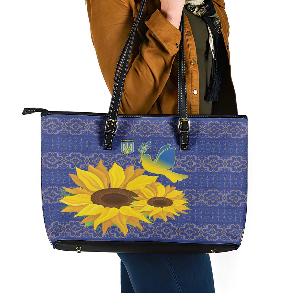 Ukraine Peace Dove Leather Tote Bag Ukraine Sunflower With Folk Patterns LT18