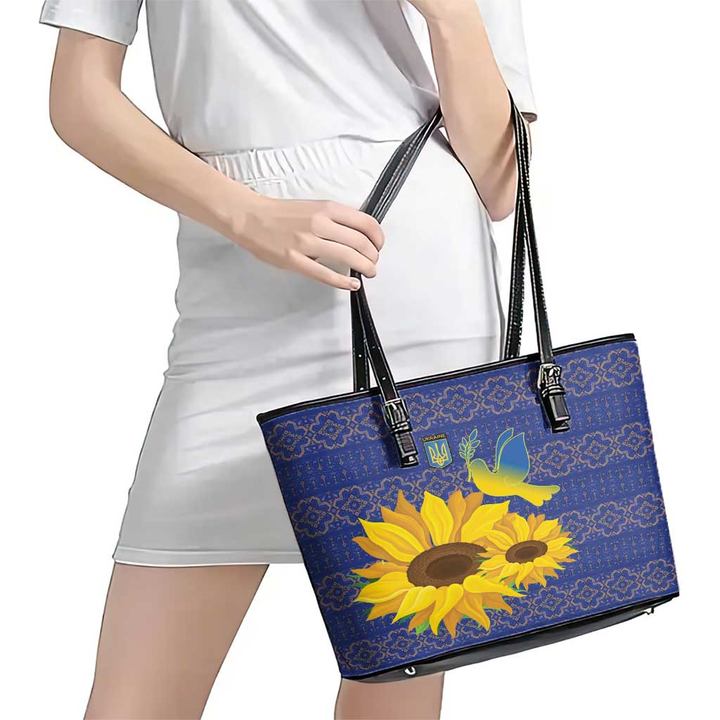 Ukraine Peace Dove Leather Tote Bag Ukraine Sunflower With Folk Patterns LT18