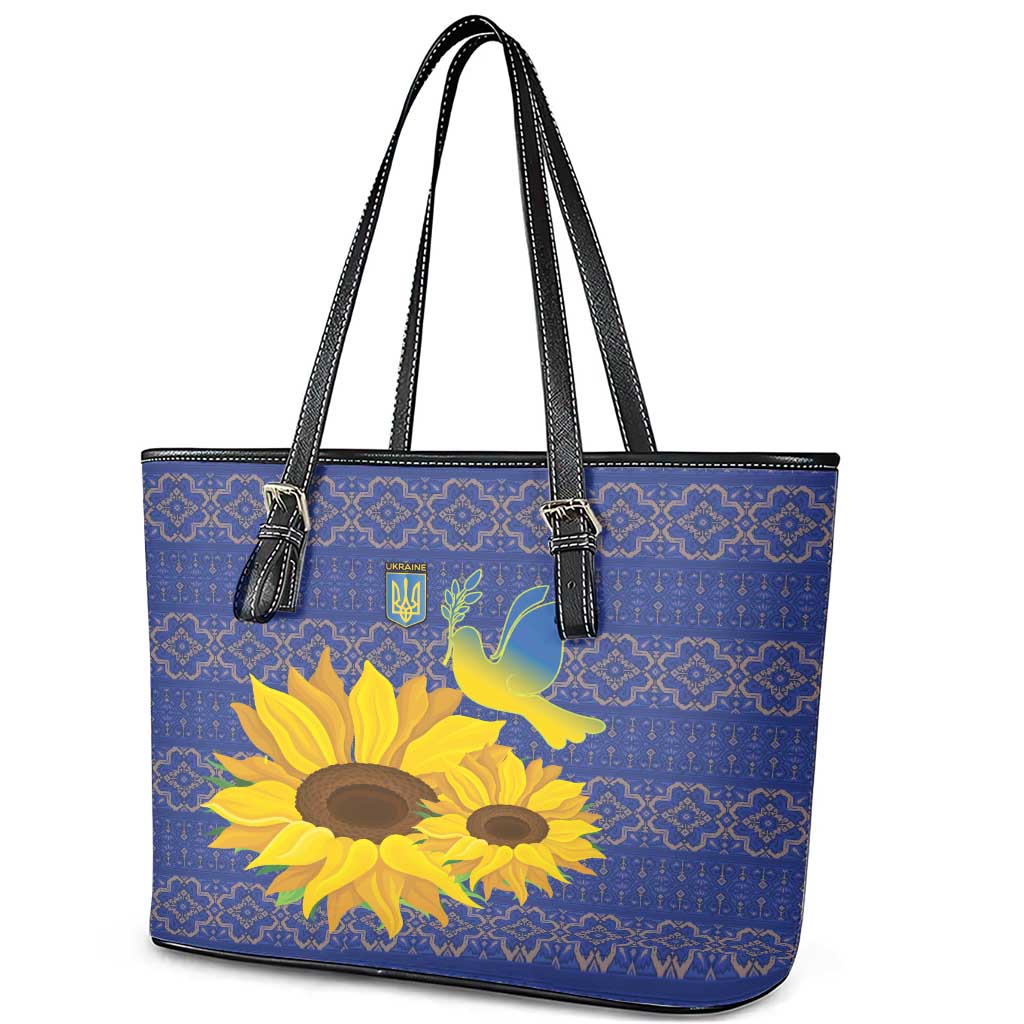 Ukraine Peace Dove Leather Tote Bag Ukraine Sunflower With Folk Patterns LT18
