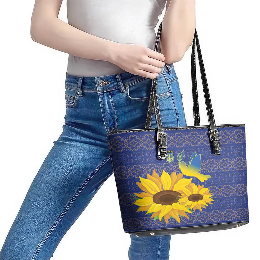 Ukraine Peace Dove Leather Tote Bag Ukraine Sunflower With Folk Patterns LT18