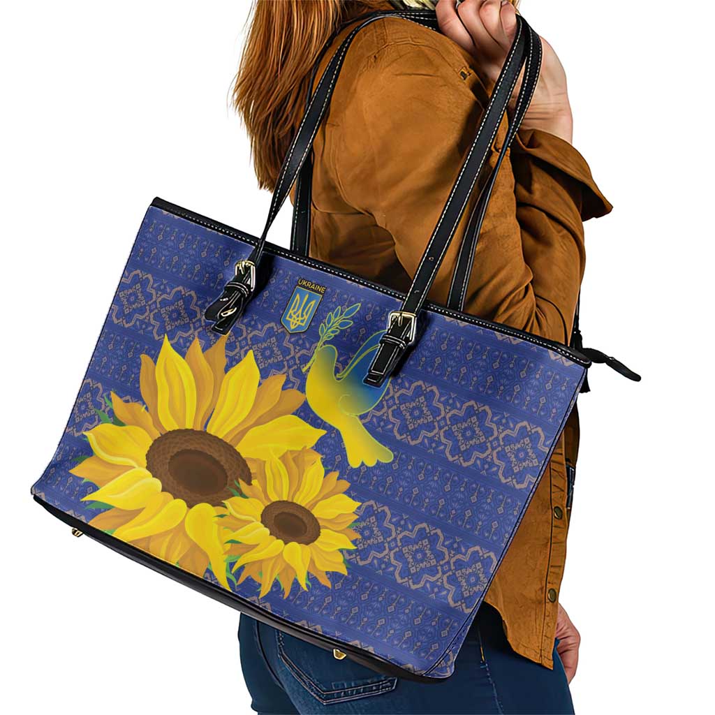 Ukraine Peace Dove Leather Tote Bag Ukraine Sunflower With Folk Patterns LT18