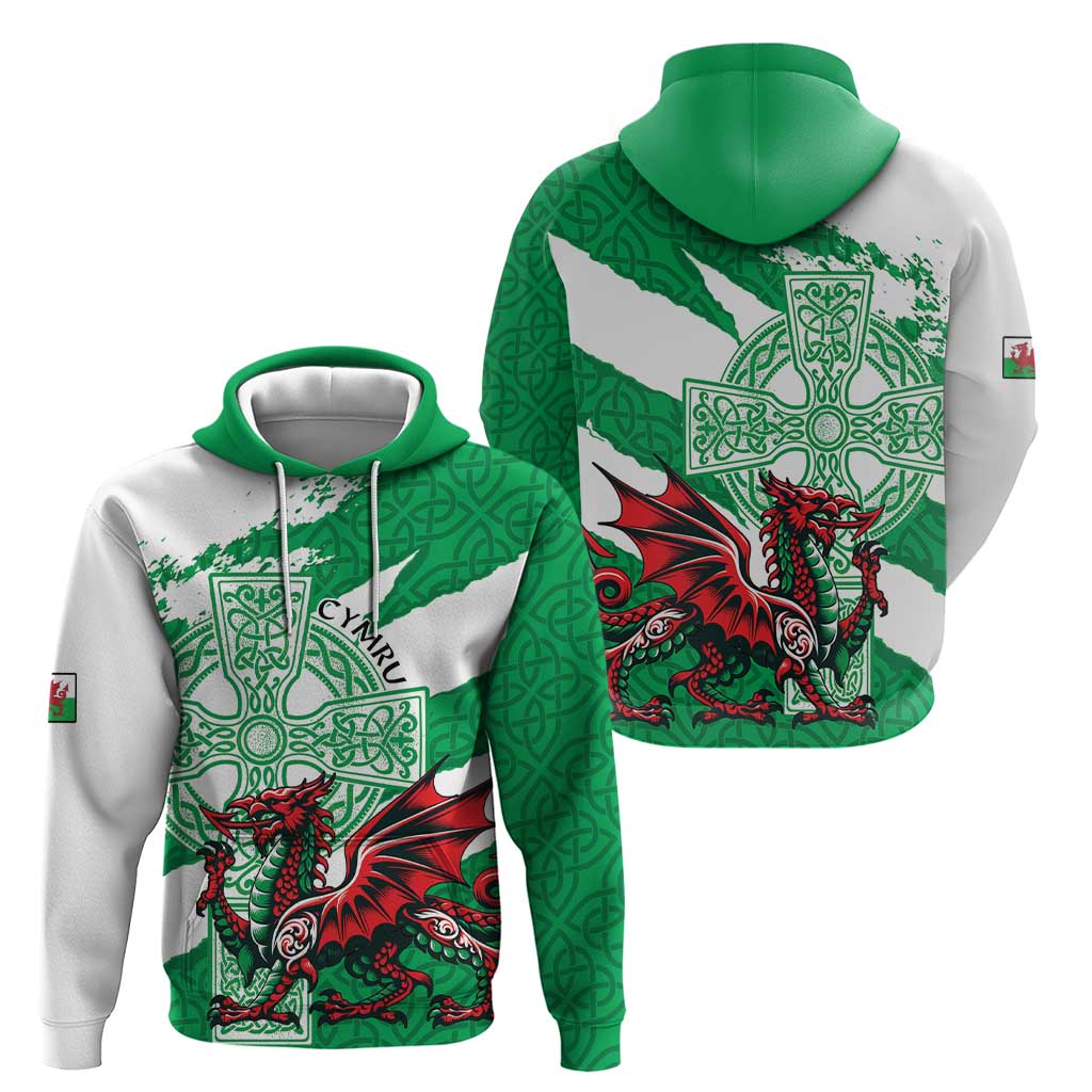 Wales Celtic Cross Hoodie Cymru Am Byth Green Version LT18