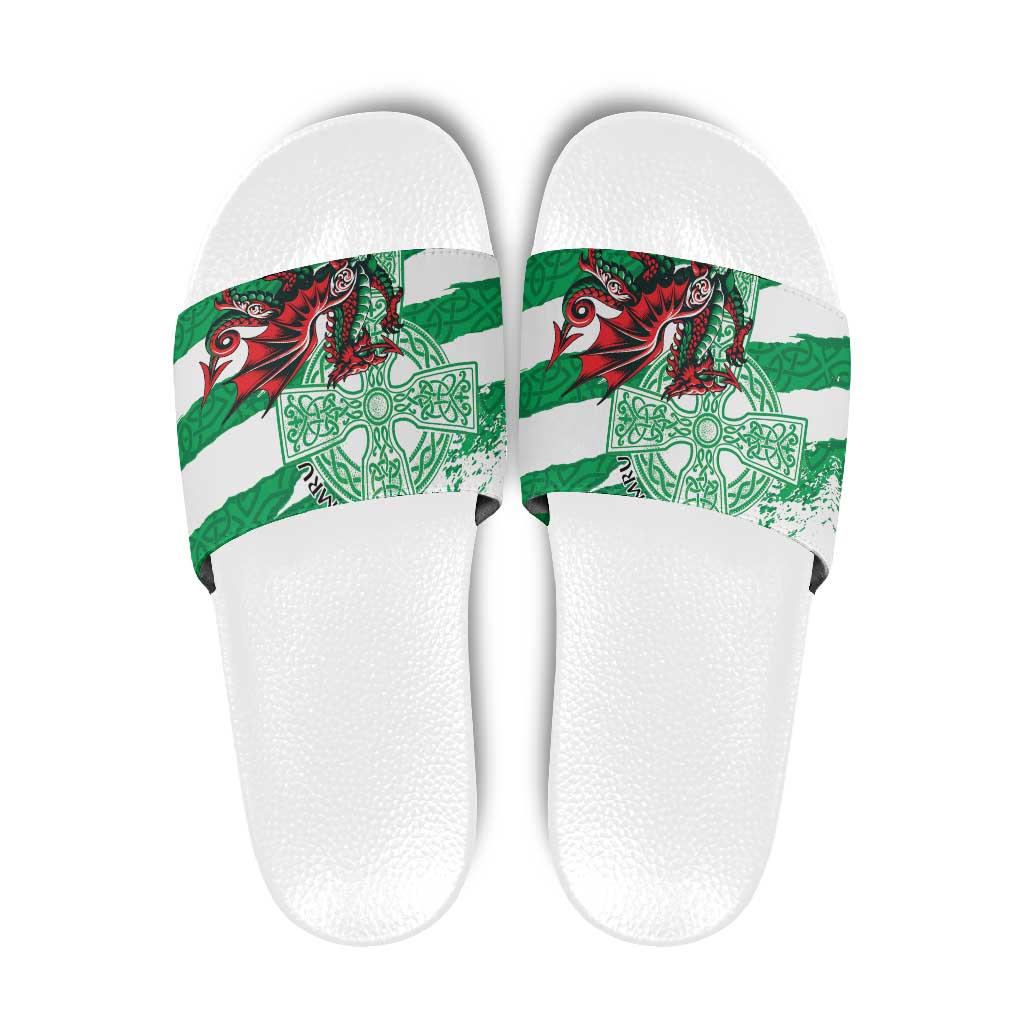 Wales Celtic Cross Slide Sandals Cymru Am Byth Green Version LT18