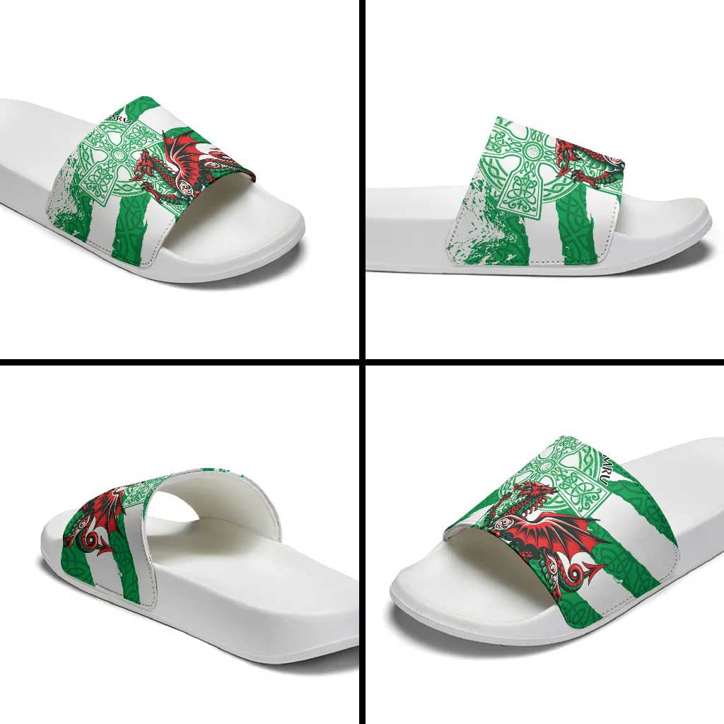 Wales Celtic Cross Slide Sandals Cymru Am Byth Green Version LT18