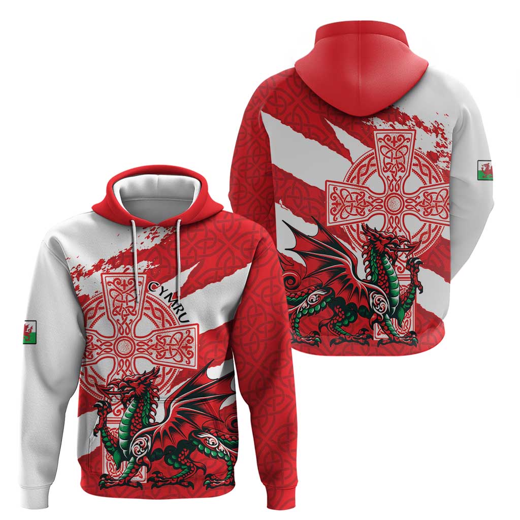 Wales Celtic Cross Hoodie Cymru Am Byth Red Version LT18