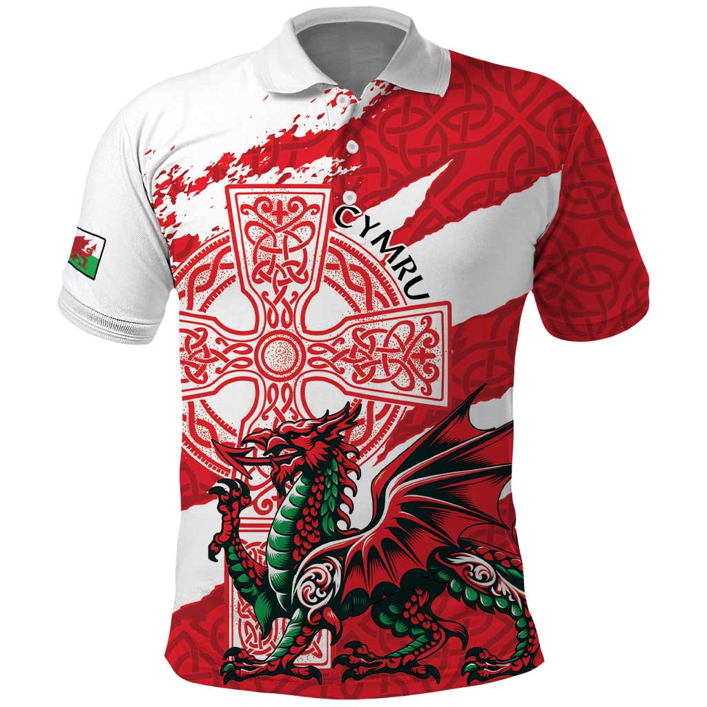 Wales Celtic Cross Polo Shirt Cymru Am Byth Red Version LT18