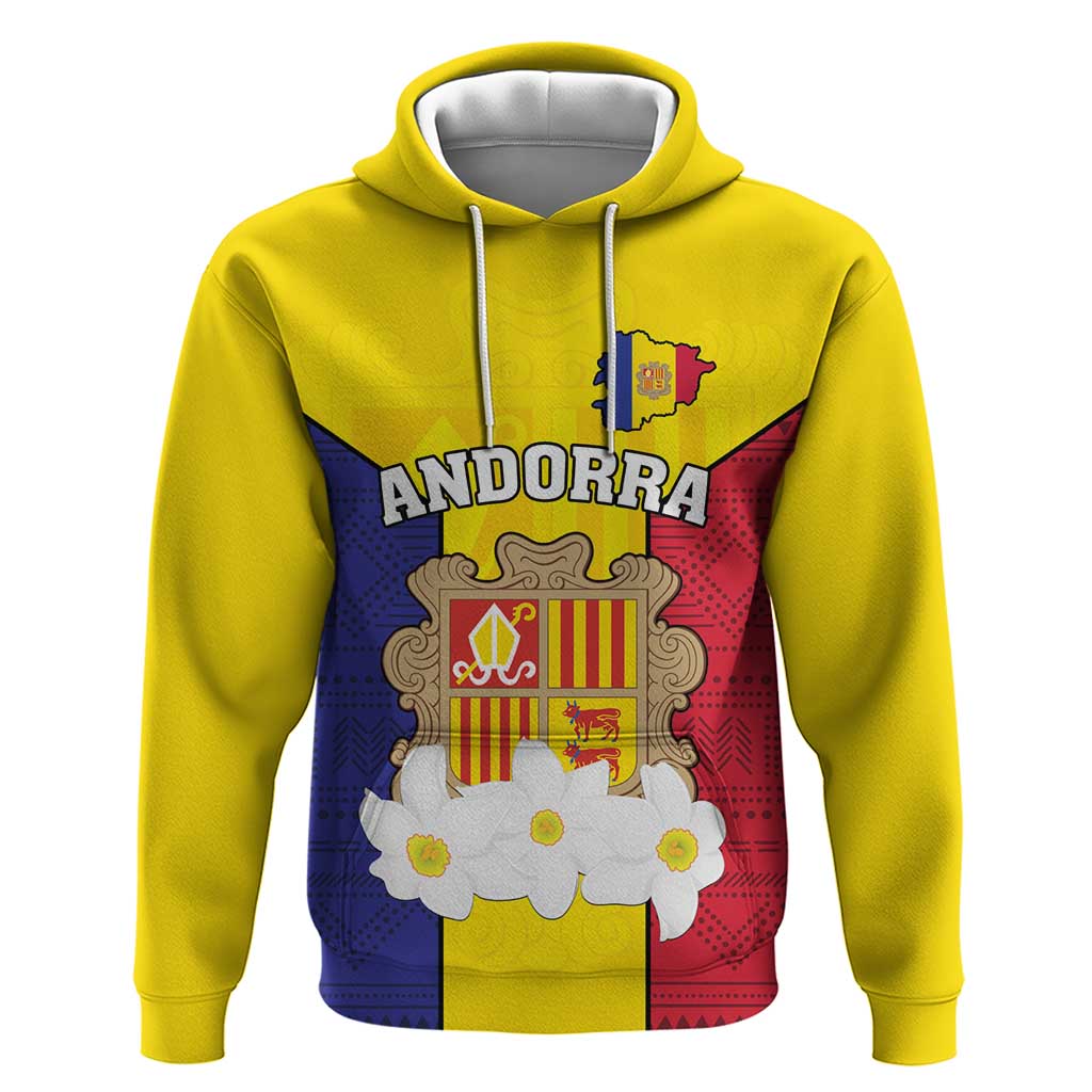 Custom Andorra Coat Of Arms Hoodie Narcissus Poeticus Flowers Flag Style LT18