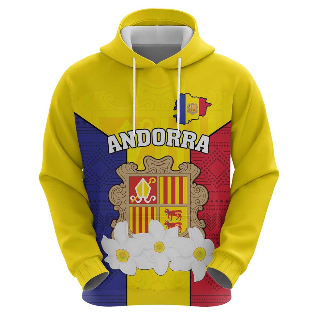 Custom Andorra Coat Of Arms Hoodie Narcissus Poeticus Flowers Flag Style LT18