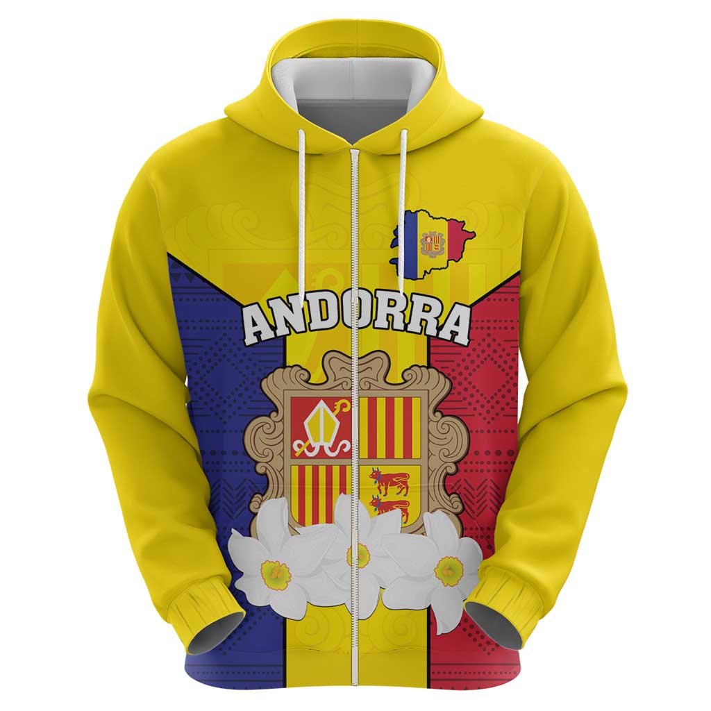 Custom Andorra Coat Of Arms Hoodie Narcissus Poeticus Flowers Flag Style LT18