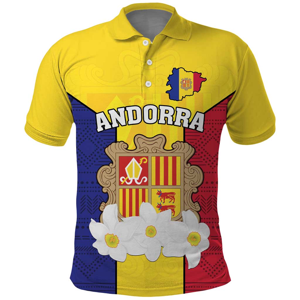 Custom Andorra Coat Of Arms Polo Shirt Narcissus Poeticus Flowers Flag Style LT18