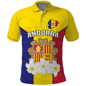 Custom Andorra Coat Of Arms Polo Shirt Narcissus Poeticus Flowers Flag Style LT18