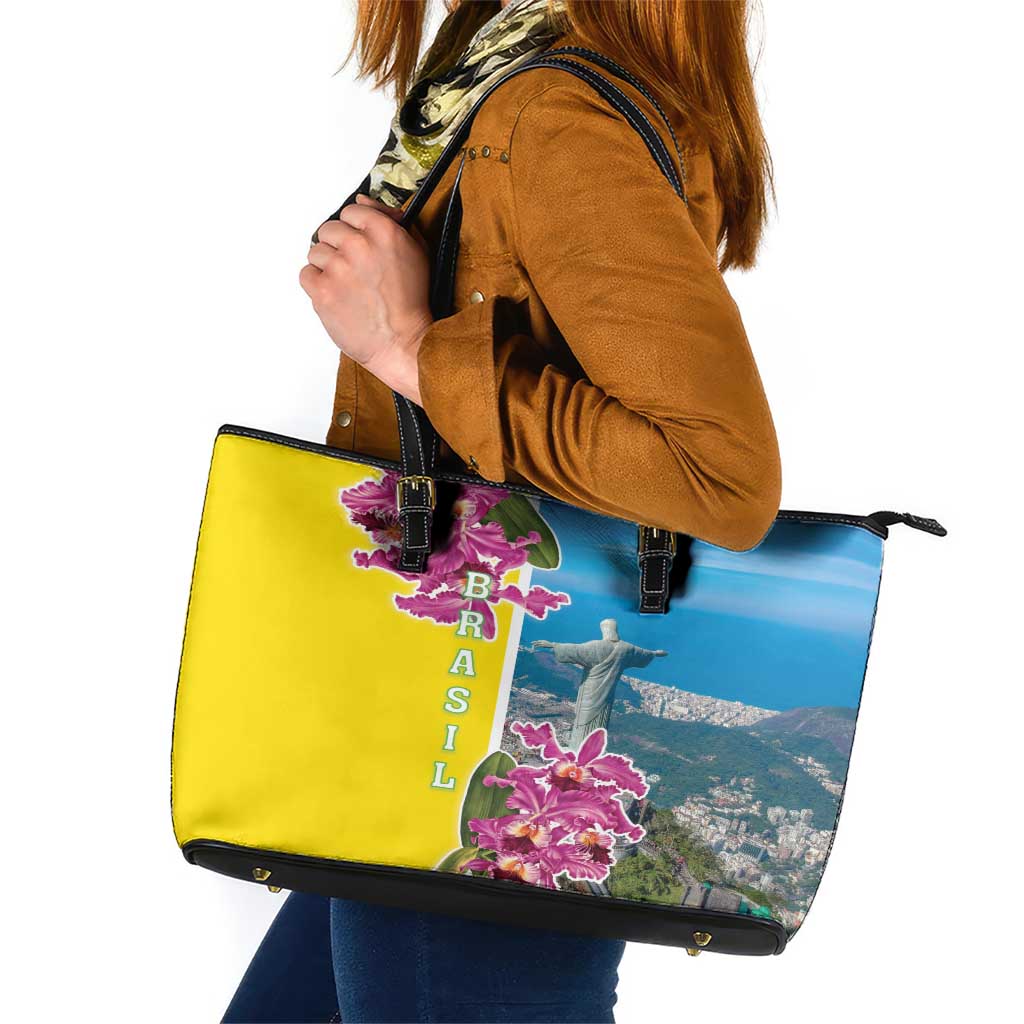 Brazil Cattleya Labiata Leather Tote Bag Christ The Redeemer And Flag Color Style LT18