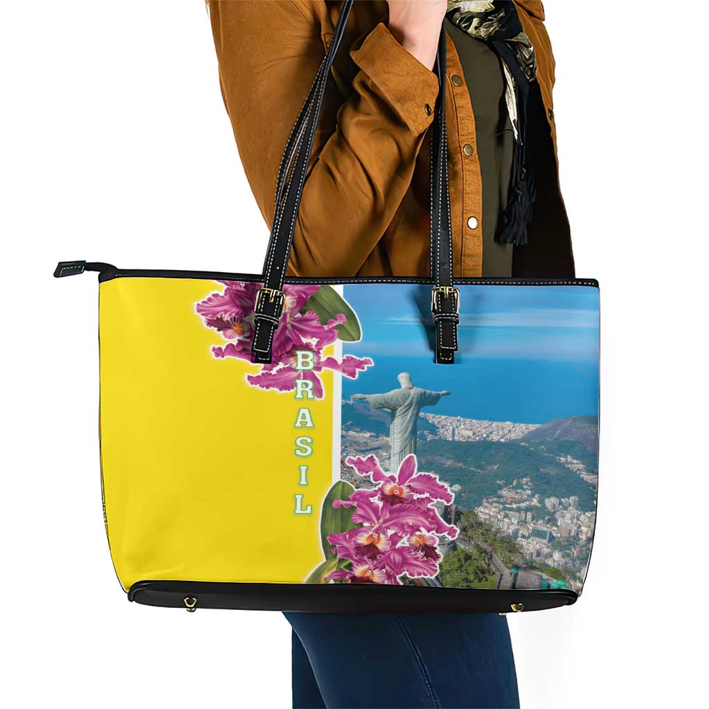 Brazil Cattleya Labiata Leather Tote Bag Christ The Redeemer And Flag Color Style LT18