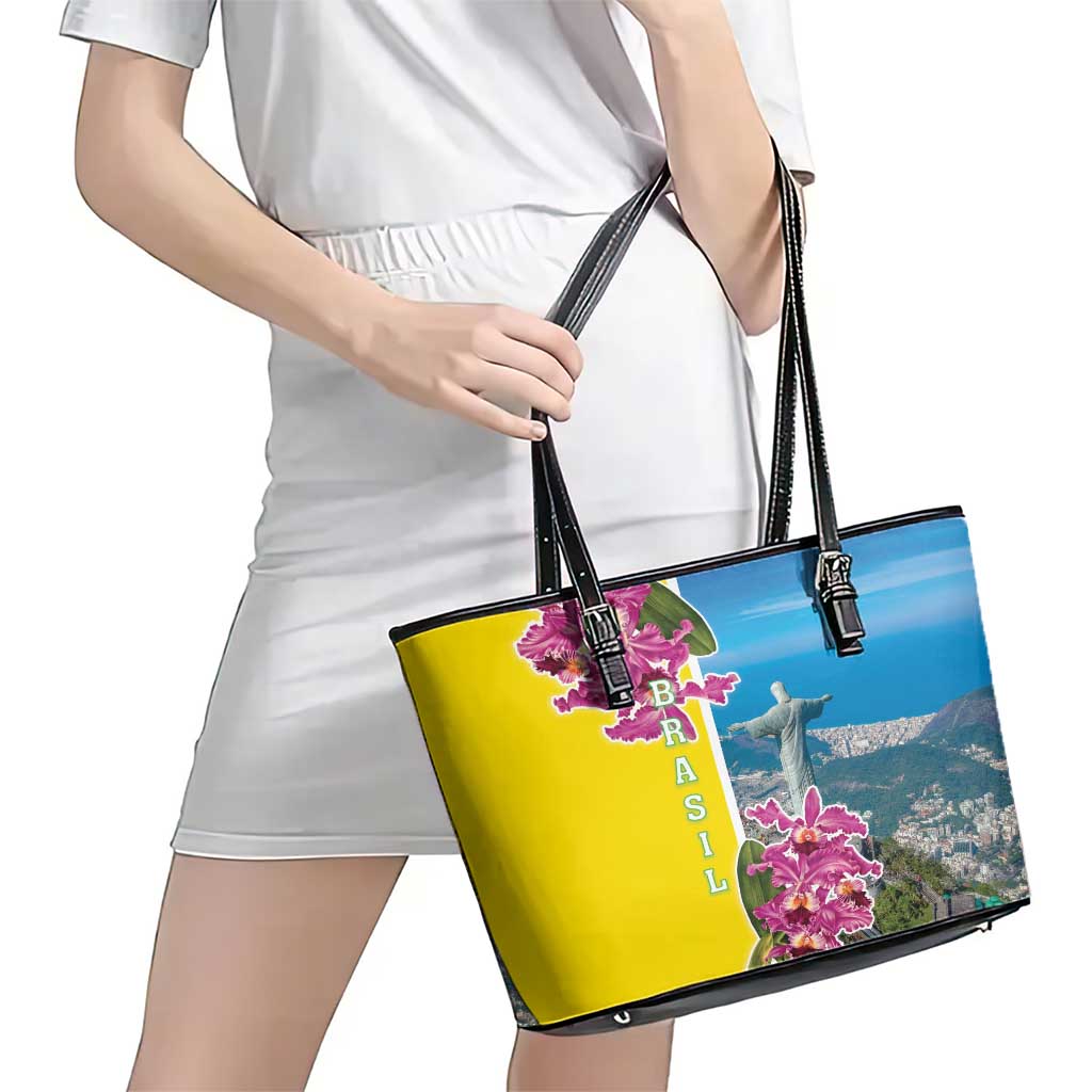 Brazil Cattleya Labiata Leather Tote Bag Christ The Redeemer And Flag Color Style LT18