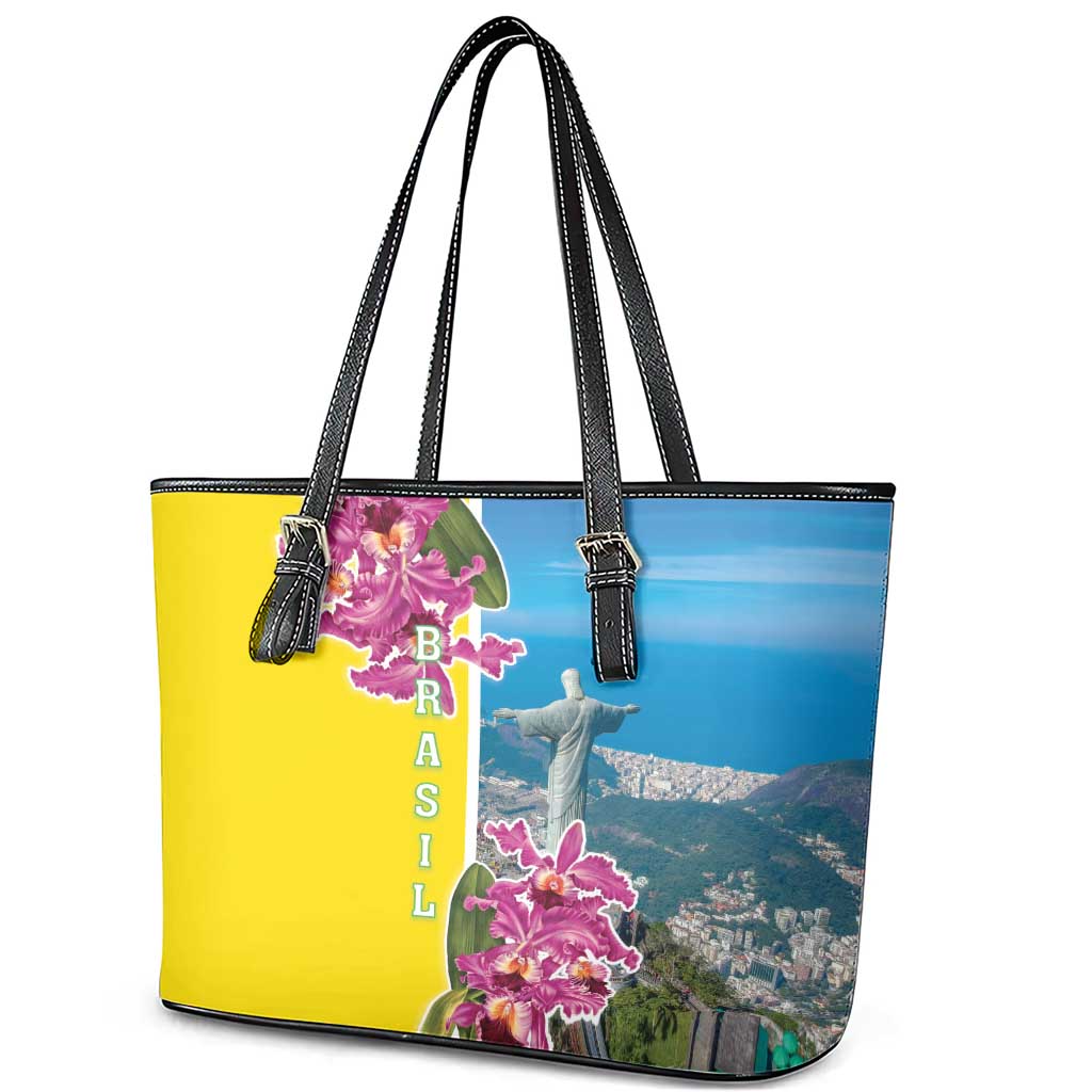 Brazil Cattleya Labiata Leather Tote Bag Christ The Redeemer And Flag Color Style LT18