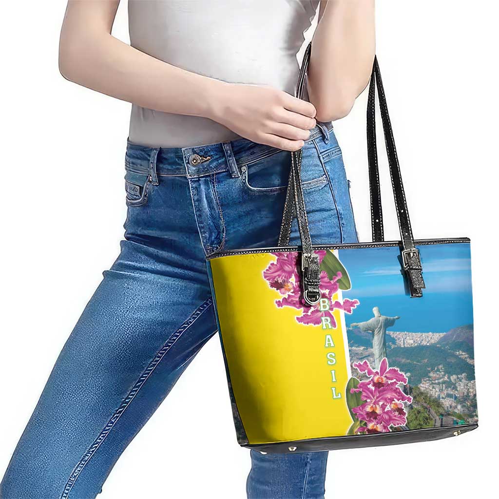 Brazil Cattleya Labiata Leather Tote Bag Christ The Redeemer And Flag Color Style LT18