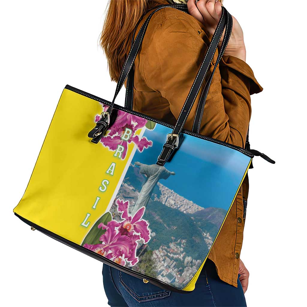 Brazil Cattleya Labiata Leather Tote Bag Christ The Redeemer And Flag Color Style LT18