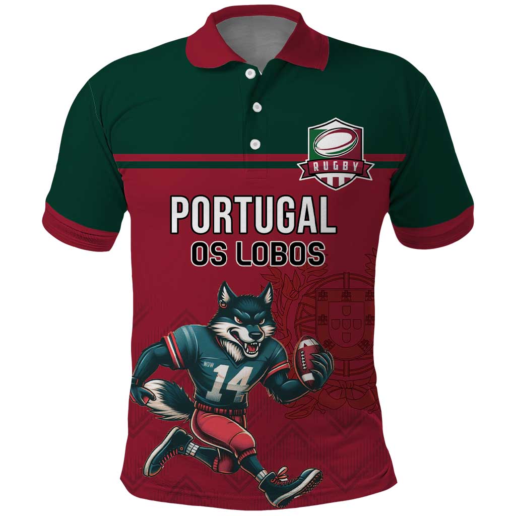 Custom Portugal Rugby Polo Shirt Go Os Lobos Wolves Mascot LT18
