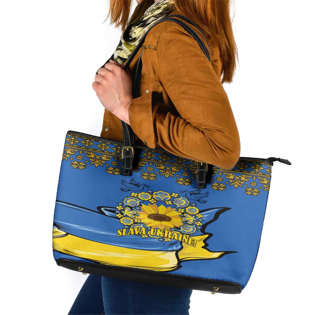 Ukraine Sunflower Peace Sign Leather Tote Bag With Folk Patterns LT18
