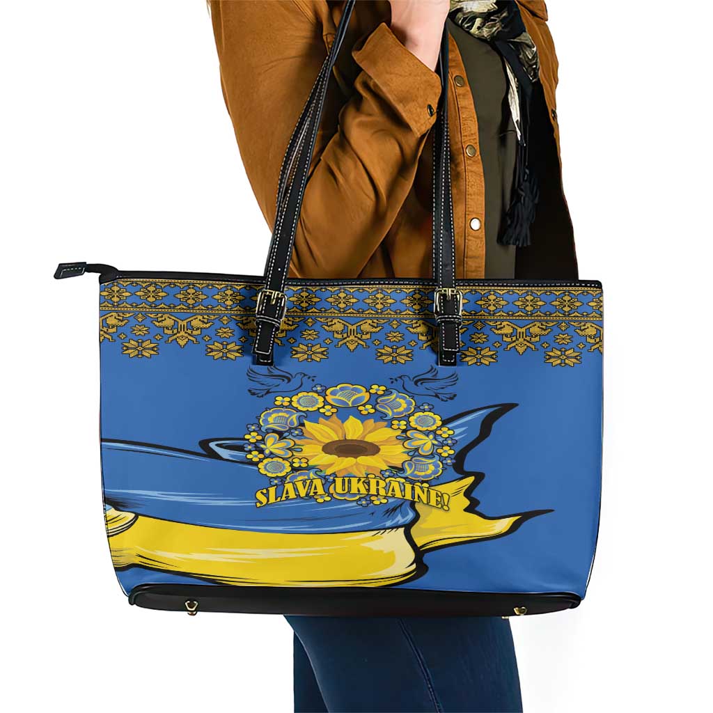Ukraine Sunflower Peace Sign Leather Tote Bag With Folk Patterns LT18