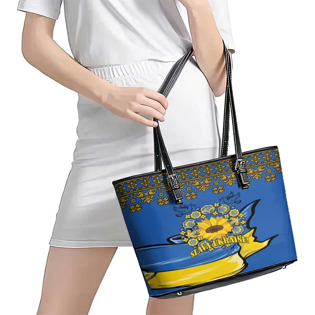 Ukraine Sunflower Peace Sign Leather Tote Bag With Folk Patterns LT18