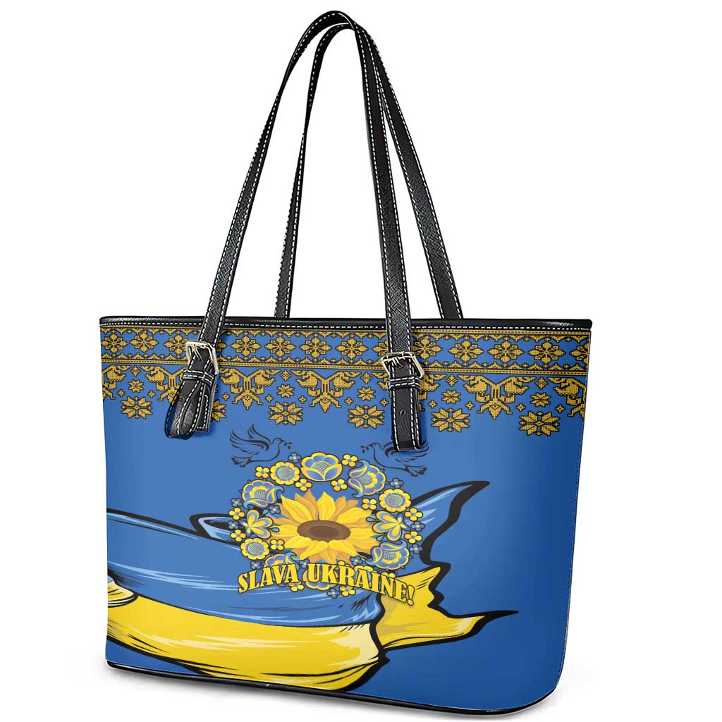 Ukraine Sunflower Peace Sign Leather Tote Bag With Folk Patterns LT18