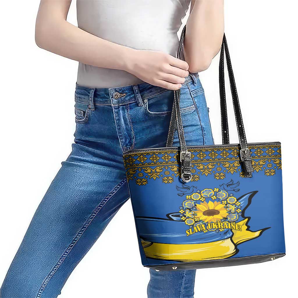Ukraine Sunflower Peace Sign Leather Tote Bag With Folk Patterns LT18