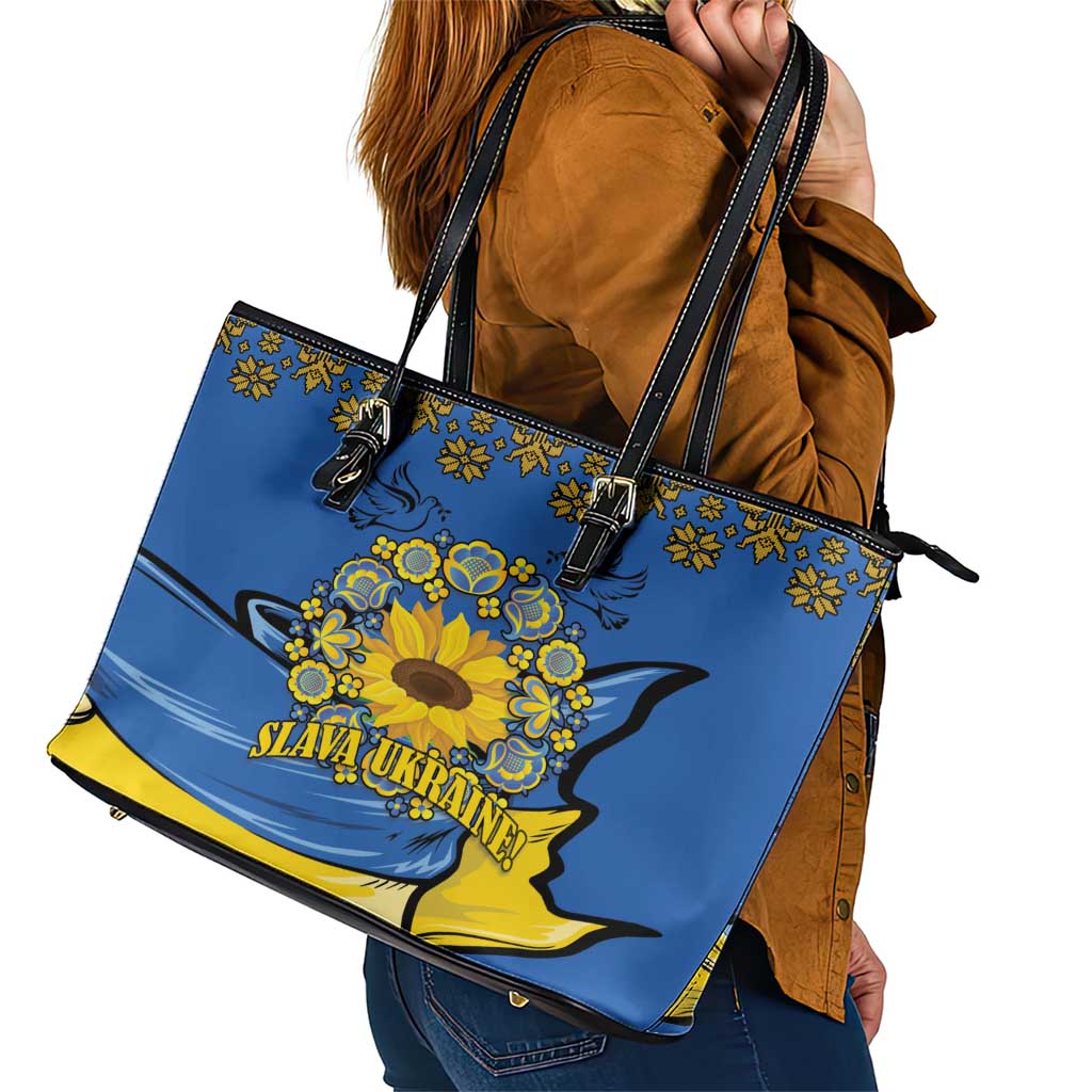 Ukraine Sunflower Peace Sign Leather Tote Bag With Folk Patterns LT18