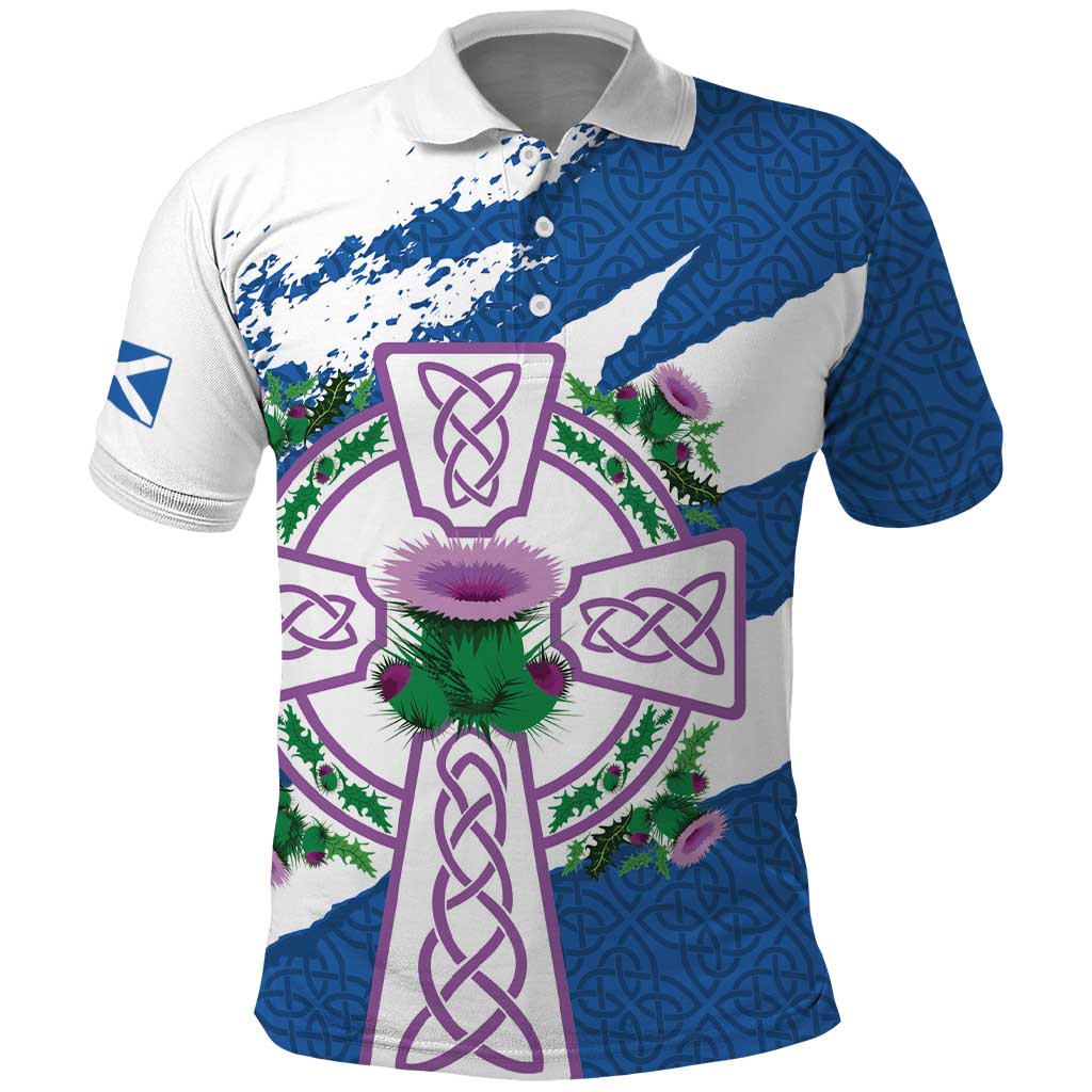 Scotland Celtic Cross Polo Shirt Thistle Flowers LT18