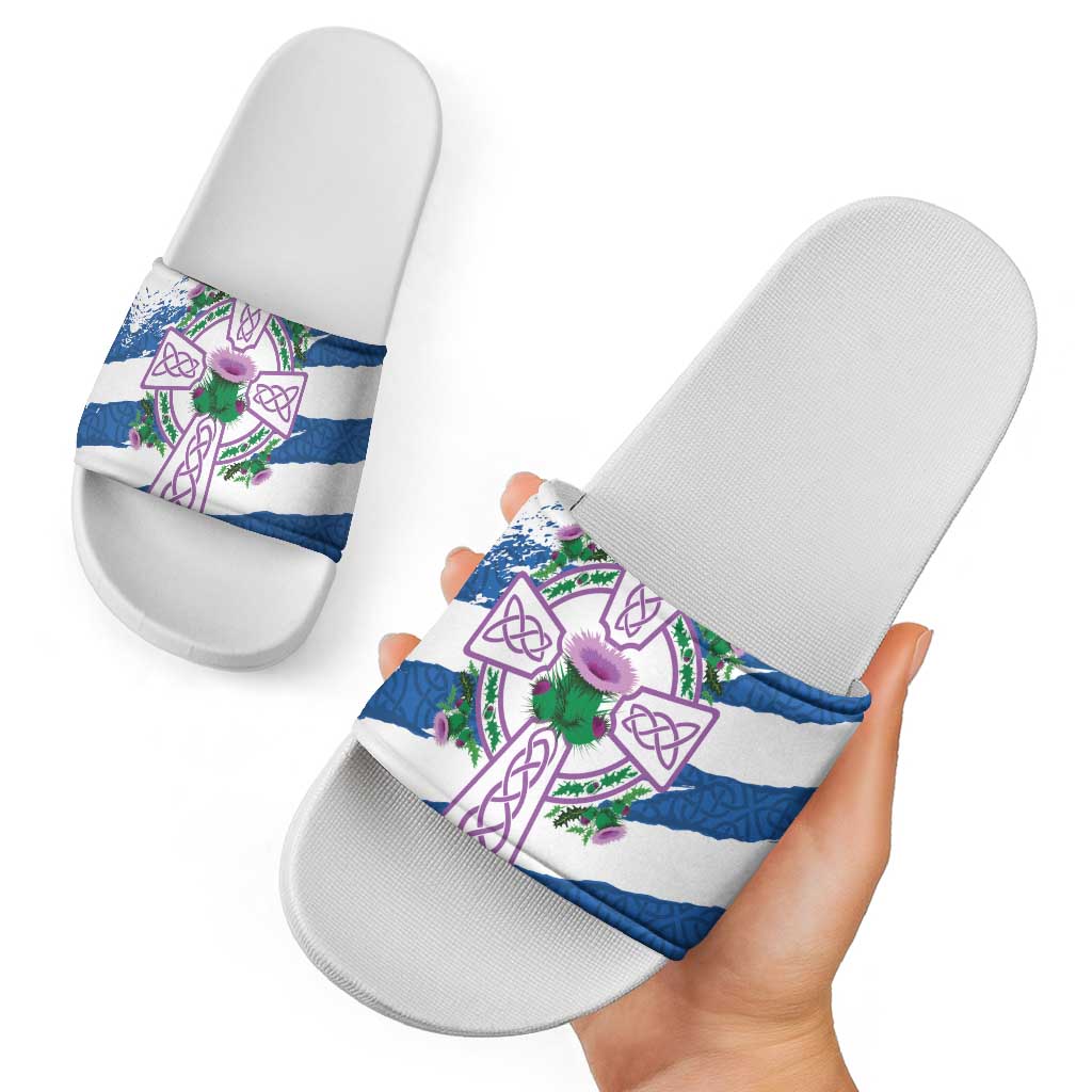 Scotland Celtic Cross Slide Sandals Thistle Flowers LT18