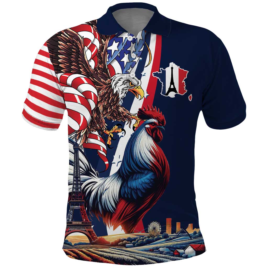 French American Heritage Month Polo Shirt Gallic Rooster And Bald Eagle LT18